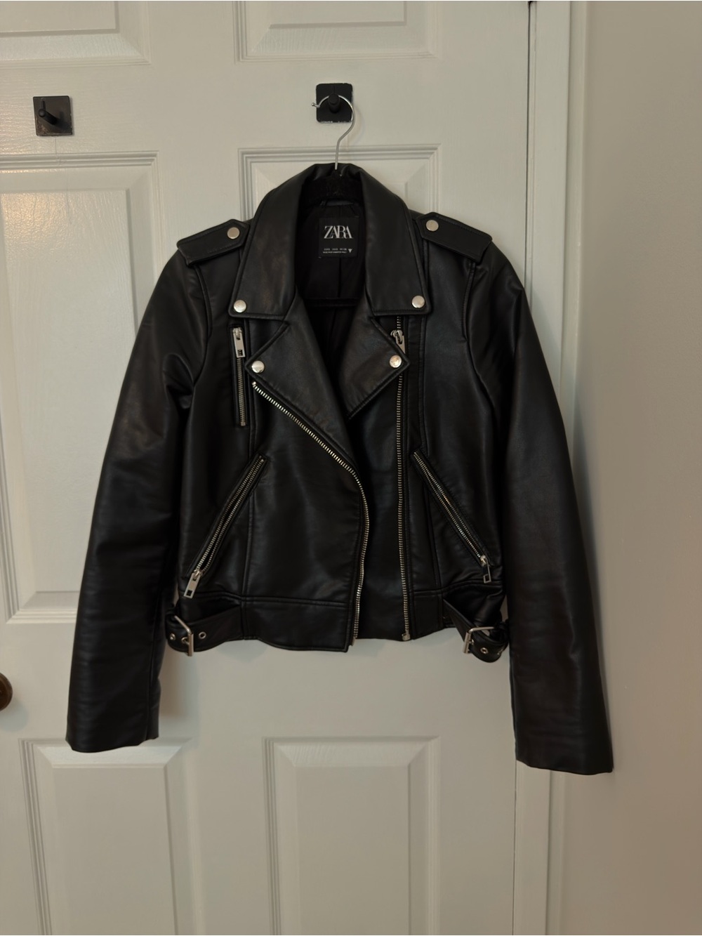 ZARA Black Faux Leather Moto Jacket with Silver Hardware